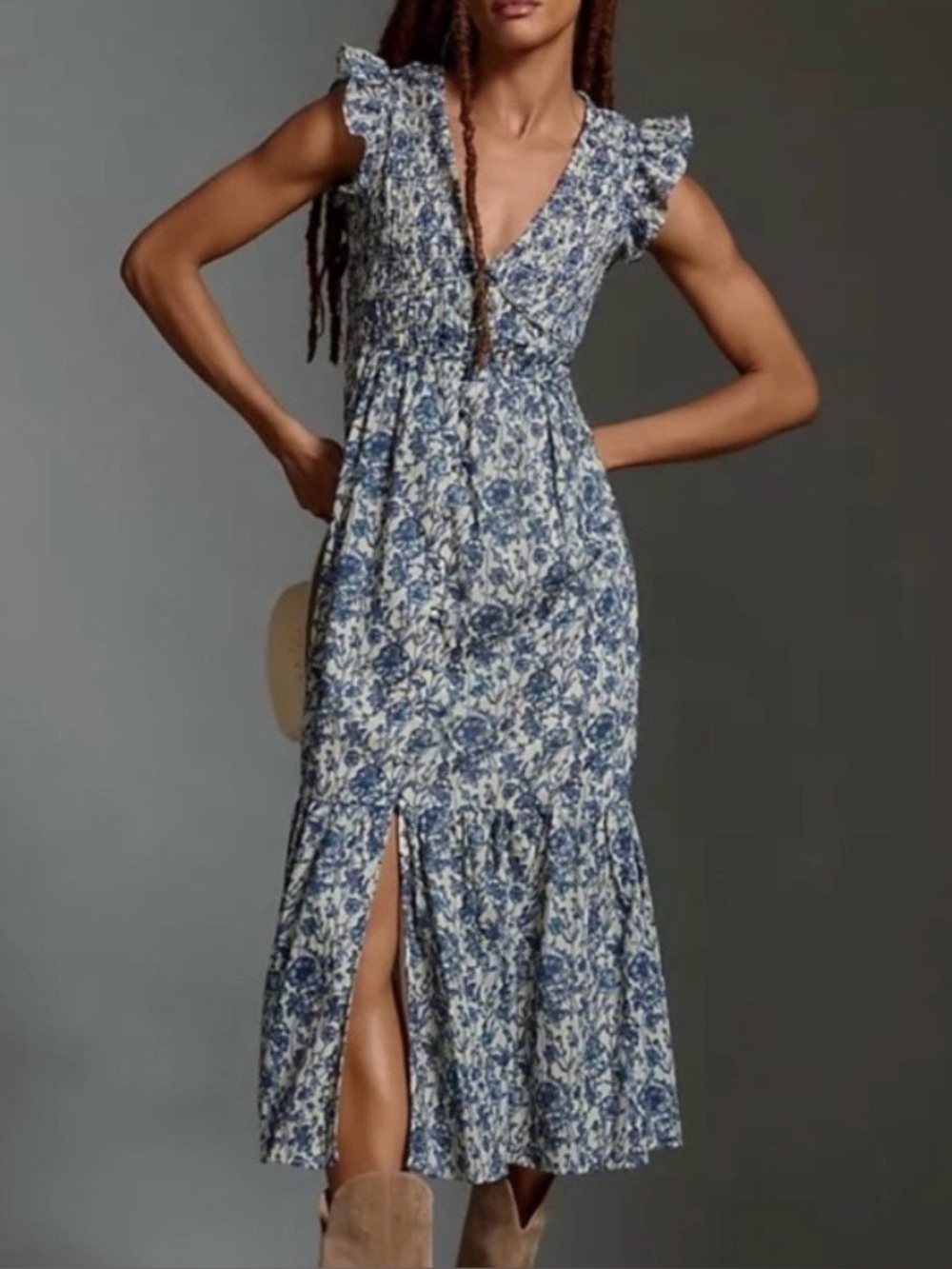 Anthropologie Peregrine Blue Floral Smocked Midi Dress Flutter Sleeve NWOT Sz M